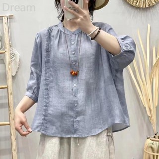 Summer womens new single-sided organ collar high Branch half sleeve Korean shirt solid color loose cotton and linen top for women