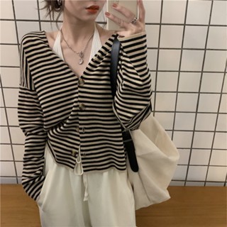 NZN เสื้อคาร์ดิแกนถัก แขนยาว คอวี ทรงหลวม ลายทาง สําหรับผู้หญิง