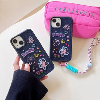 เคสโทรศัพท์มือถือ TPU ปักลายผีเสื้อ สีชมพู พร้อมสายคล้อง กันกระแทก สําหรับ Apple IPhone 15 14 13 12 11 Pro Max