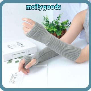 Moilyhd แขนปลอม, แขนอุ่น, ถุงมือครึ่งนิ้ว แบบไม่มีนิ้ว, แฟชั่น สีพื้น ถุงมือถัก ข้อมือยาว ฤดูหนาว