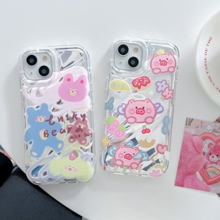 เคสโทรศัพท์มือถือแบบนิ่ม TPU กันกระแทก ลายการ์ตูนหมู กระต่าย หมี สีชมพู สําหรับ iPhone 14 13 12 Pro Max Plus 11 ins