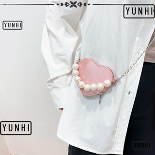 Yunhi กระเป๋าสะพายไหล่ สายโซ่ ประดับมุก รูปหัวใจ สีพื้น แฟชั่นสําหรับสตรี