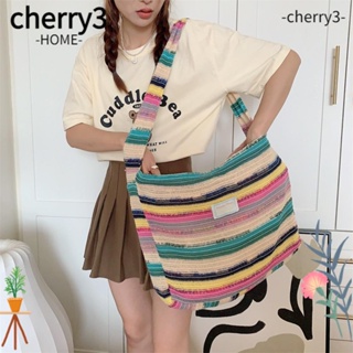 Cherry3 กระเป๋าสะพายไหล่ กระเป๋าถือ กระเป๋าช้อปปิ้ง ผ้าถัก ลายทาง สีรุ้ง สไตล์เรโทร สําหรับเด็กผู้หญิง