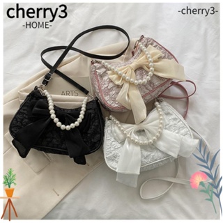 Cherry3 กระเป๋าถือ กระเป๋าสะพายไหล่ ผ้าแคนวาส หนัง PU ประดับโบว์ และไข่มุก หรูหรา แฟชั่นเรโทร สําหรับสตรี