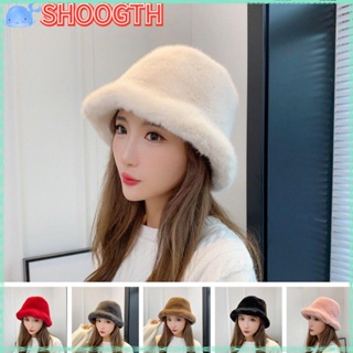 Shoogth หมวกบักเก็ต ผ้ากํามะหยี่ขนนิ่ม แบบหนา สีพื้น แฟชั่นฤดูใบไม้ร่วง ฤดูหนาว สําหรับผู้หญิง