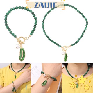 Zaijie24 สร้อยคอ จี้หิน รูปใบไม้ สีเขียว เครื่องประดับ ของขวัญ