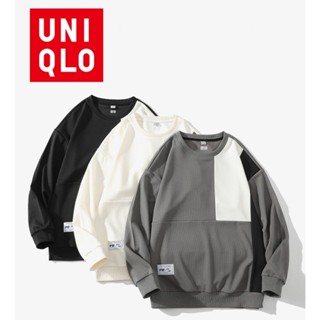 Uniqlo เสื้อกันหนาวแขนยาว คอกลม แบบสวมหัว คุณภาพสูง สีดํา และสีขาว แฟชั่นสําหรับผู้ชาย