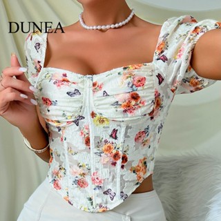 Dunea เสื้อเบลาส์แขนสั้น ปักลายก้างปลา ดอกไม้ สําหรับผู้หญิง