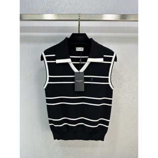 YSL TOP STRIPED เสื้อกล้าม ทรงครอป ลายทางคอปก  วายเอสแอล