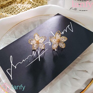 Lanfy ต่างหูสตั๊ด โลหะ คริสตัล รูปดอกไม้ ขนาดใหญ่ สไตล์เกาหลี หรูหรา 1 คู่