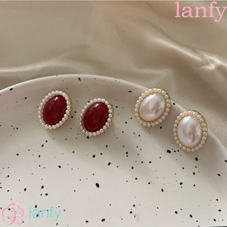 Lanfy ต่างหูมุก พลอยเทียม น่ารัก หรูหรา สไตล์เรโทร สําหรับผู้หญิง