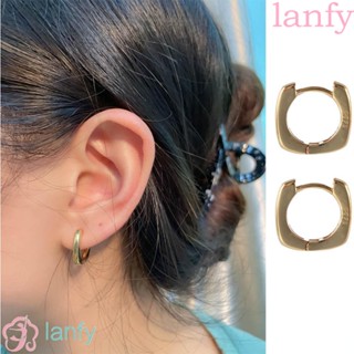 Lanfy ต่างหูห่วง ทรงเรขาคณิต สีทองวาว เรียบง่าย ของขวัญประจําวัน