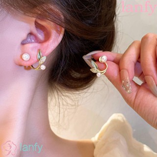 Lanfy ต่างหูแฟชั่น รูปดอกทิวลิป ประดับพลอยเทียม สองทาง หรูหรา สไตล์เกาหลี วินเทจ เครื่องประดับแฟชั่น