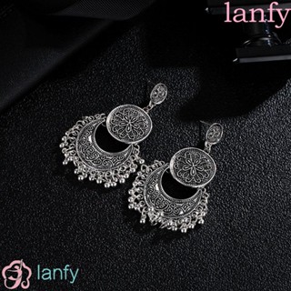 Lanfy ต่างหูแกะสลัก รูปดอกไม้ ประดับพู่ สไตล์อินเดียวินเทจ สําหรับผู้หญิง