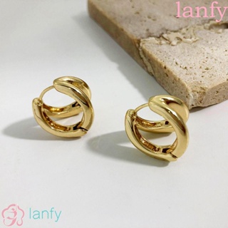 Lanfy ต่างหูสตั๊ด โลหะ ทรงกลม สีทอง สไตล์เกาหลี สําหรับผู้หญิง