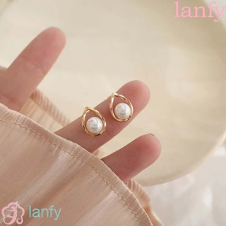 Lanfy ต่างหูสตั๊ด ประดับมุก ทรงสามเหลี่ยม เรขาคณิต สไตล์เกาหลี เครื่องประดับแฟชั่น สําหรับเด็กผู้หญิง