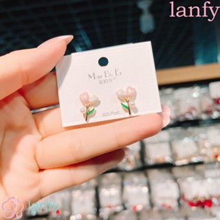 Lanfy ต่างหู รูปดอกทิวลิปน่ารัก หยดน้ํามัน สีชมพู ประดับมุก เหมาะกับฤดูร้อน สําหรับผู้หญิง