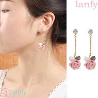 Lanfy ต่างหูห้อย จี้ดอกกุหลาบ เครื่องประดับแฟชั่น สไตล์เกาหลี เรียบง่าย สําหรับผู้หญิง