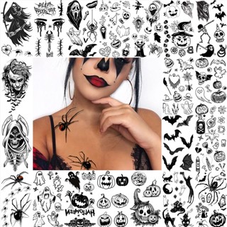 สติกเกอร์รอยสักฮาโลวีนโครงกระดูก Death Scythe Black Bat Tombstone Pumpkin Fake Tattoo กันน้ําได้