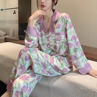 ชุดนอน เสื้อคาร์ดิแกนแขนยาว ผ้าเรยอน ลายดอกทิวลิป สไตล์เกาหลี แฟชั่นฤดูใบไม้ผลิ และฤดูใบไม้ร่วง สําหรับผู้หญิง