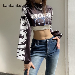 Lanlanlolo เสื้อยืดลําลอง แขนยาว คอกลม พิมพ์ลาย ทรงหลวม สีตัดกัน สําหรับสตรี 2023