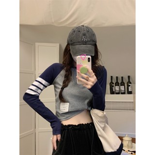3777#美式复古撞色插肩长袖t恤女秋季休闲运动短款上衣修身内搭打底衫