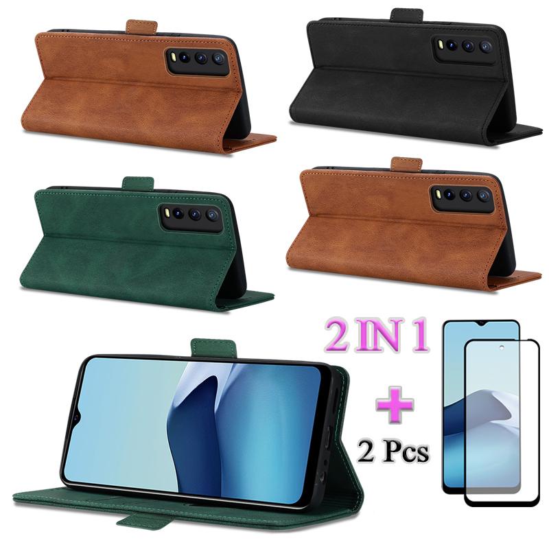 2 IN 1 สําหรับ VIVO Y20 Y20i สําหรับผิวรู้สึกกรณีพลิกหนังพร้อมป้องกันหน้าจอโค้งฟิล์มเซรามิค