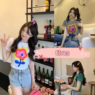 Elves✨พร้อมส่ง✨  เสื้อครอปไหมพรม ลายดอกไม้ คอกลมแขนสั้น สีสันหลากหลาย ~T700-2~ -C