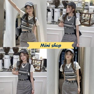 Mini shop🌸พร้อมส่ง🌸 (08011-M/08011-MY/08011-Y) เสื้อไหมพรมแขนสั้นคอกลม เย็บ 2ชั้นติดกัน 3ลาย ลายทาง-C