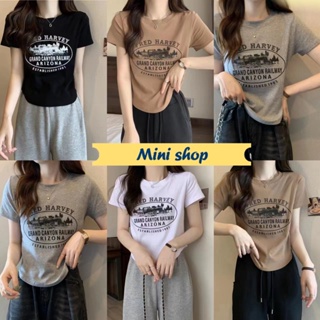 Mini shop🌸พร้อมส่ง🌸 (M2905-2) เสื้อไหมพรมแขนสั้น คอกลม ลายอักษร ทรงครอป -C