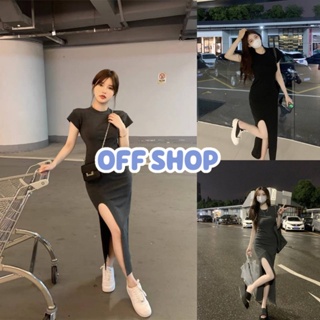 OFF SHOP พร้อมส่ง (OFF-03035) ชุดเดรสไหมพรมทรงยาว แขนสั้น  แหวกด้านข้าง -C