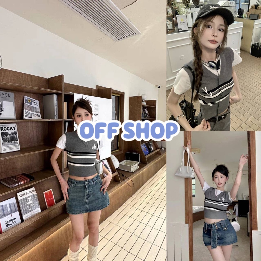 OFF SHOP พร้อมส่ง (OFF-08011-M/08011-MY/08011-Y) เสื้อไหมพรมคอกลม แขนสั้น มี3ลาย ดีเทลเย็บ 2ชั้นติดก