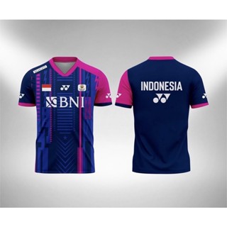 เสื้อกีฬาแขนสั้น ลายทีมแบดมินตัน อินโดนีเซีย 2023 ฟรีชื่อนิกเกิลอังกฤษ 2023