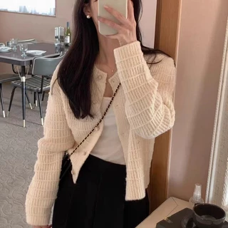 Xiao เกาหลีฤดูใบไม้ร่วงฤดูหนาว Retro Chanel สไตล์รอบคอถักออกแบบหลวมแขนยาวสั้นถักเสื้อกันหนาว MC เสื้อผ้า BLK6