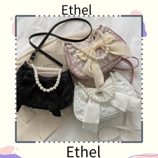 Ethel1 กระเป๋าถือ กระเป๋าสะพายไหล่ ผ้าแคนวาส PU ประดับโบว์ ไข่มุก คุณภาพสูง แฟชั่นเรโทร สําหรับสตรี