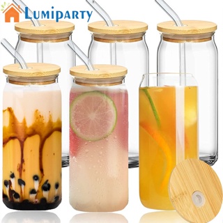 Lumiparty แก้วน้ําดื่มใส พร้อมฝาปิดไม้ไผ่ ใช้ซ้ําได้ 500 มล. 16 ออนซ์ 4 ชิ้น