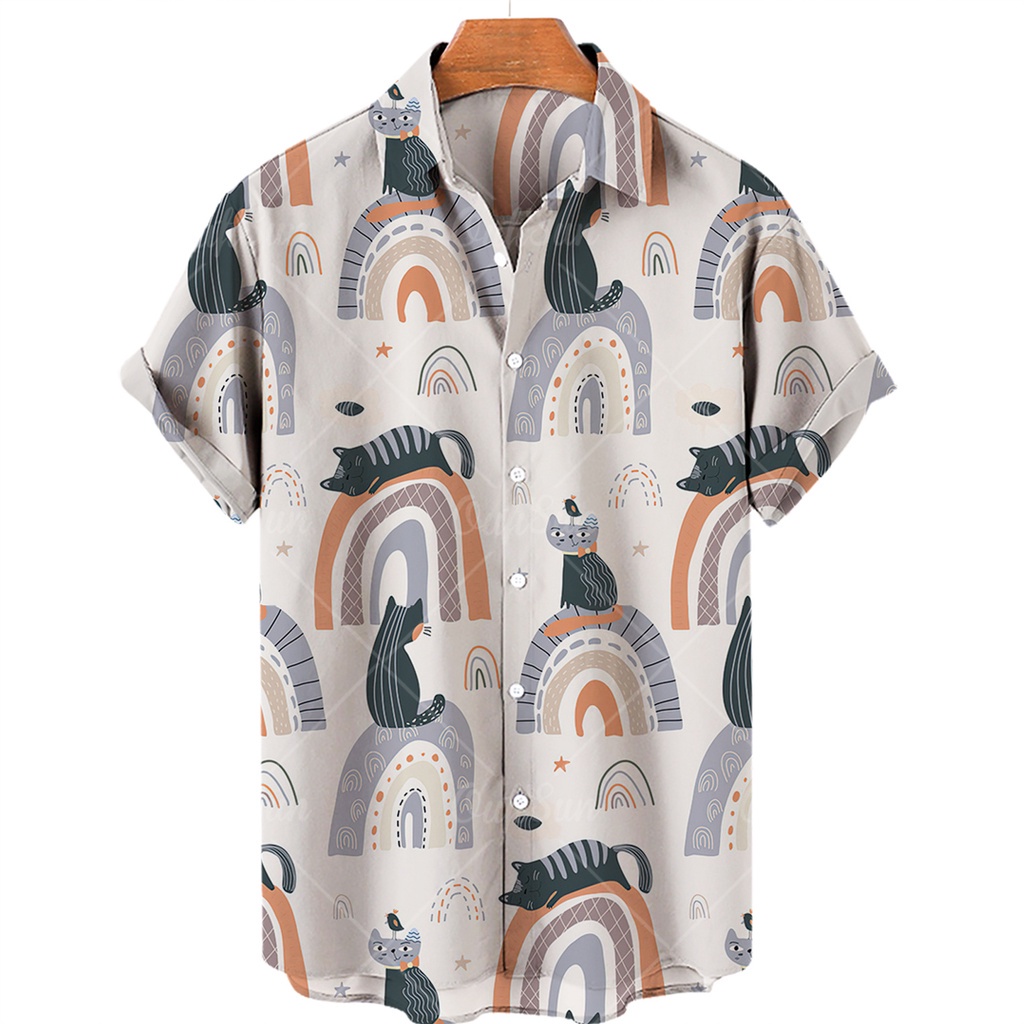 เสื้อเชิ้ตแขนสั้น ผ้าโพลีเอสเตอร์ ระบายอากาศได้ดี พิมพ์ลายการ์ตูนแมวน่ารัก สีดํา สไตล์อเมริกัน สําหรับผู้ชาย 2023