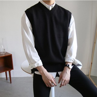 เสื้อกั๊ก ผ้าถัก คอวี ทรงหลวม สีพื้น สําหรับผู้ชาย