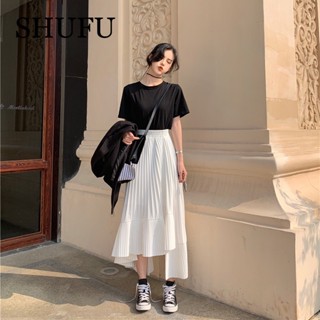 Shufu 3605 พร้อมส่ง กระโปรงพลีท เอวสูง ผ้าฝ้าย พลัสไซซ์ สไตล์เกาหลี สําหรับผู้หญิง