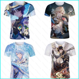 เสื้อยืดแขนสั้นลําลอง พิมพ์ลายอนิเมะ Genshin Impact Wanderer Zhongli 3 มิติ ทรงหลวม ขนาดใหญ่ สําหรับผู้ชาย และผู้หญิง