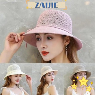 Zaijie24 หมวกฟางโพลีเอสเตอร์ ปีกกว้าง สีขาว กันแดด สีชมพู แฟชั่นฤดูร้อน สําหรับผู้หญิง