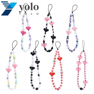 Yolo สายคล้องโทรศัพท์มือถือ ประดับลูกปัด ป้องกันการสูญหาย สีดํา และสีขาว สไตล์วินเทจ สําหรับผู้หญิง