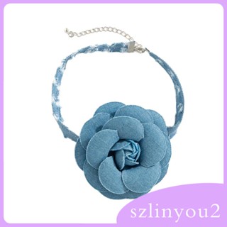 [szlinyou2] สร้อยคอโชคเกอร์ ลายดอกไม้ ขนาดใหญ่ สไตล์วินเทจ สีฟ้า สําหรับผู้หญิง