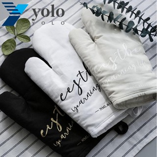 Yolo ถุงมือผ้าฝ้าย ผ้าลินิน พิมพ์ลายตัวอักษร สําหรับเตาอบ บาร์บีคิว