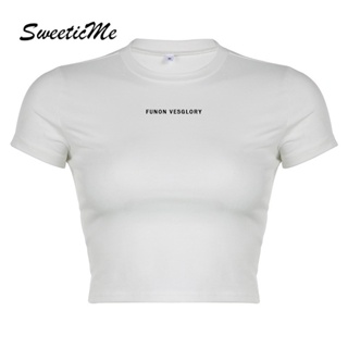 Sweeticme ใหม่ เสื้อยืดครอป คอกลม แขนสั้น พิมพ์ลาย ลําลอง แฟชั่นสําหรับผู้หญิง 2023