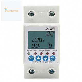 2p 63A TUYA WiFi วงจรอัจฉริยะ Earth Leakage over Voltage Protector Energy KWh Meter