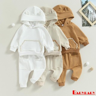 Babybaby- เด็กทารก สีตัดกัน หูกระต่าย แขนยาว เสื้อฮู้ด + กางเกงเอวยางยืด