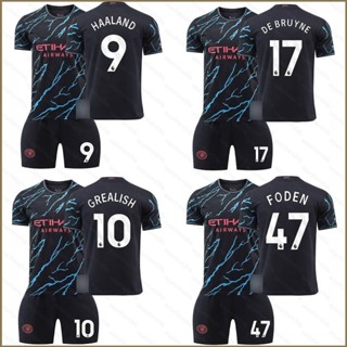 Qy เสื้อกีฬาแขนสั้น ลายทีม Manchester City Third Away Jersey Haaland DeBruyne Grealish Foden Mahrez 23-24 2 ชิ้น ต่อชุด