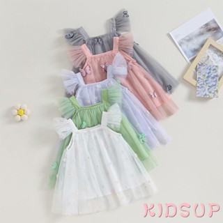 Kidsup1- ชุดเดรสแขนพอง คอสี่เหลี่ยม ลายดอกไม้ ผีเสื้อ 3D สําหรับเด็กผู้หญิง