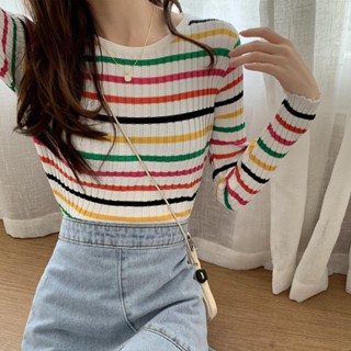 เสื้อแขนยาว คอกลม ผ้าถัก ลายทาง สีรุ้ง แฟชั่นฤดูใบไม้ผลิ และฤดูใบไม้ร่วง สําหรับผู้หญิง 2023